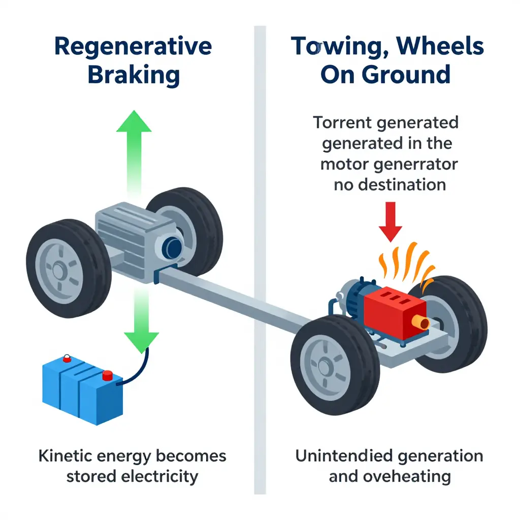 Diagram showing regenerative braking energy flow and the overheating risk of towing a hybrid with wheels on the ground