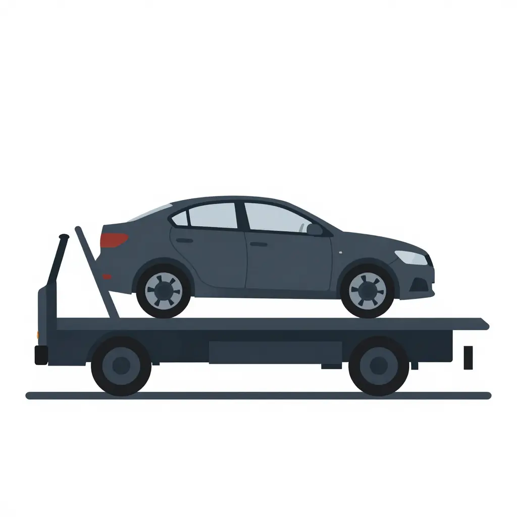 Minimal flat 2D diagram of a flatbed tow truck with a hybrid car fully loaded on the deck, all four wheels raised off the ground line