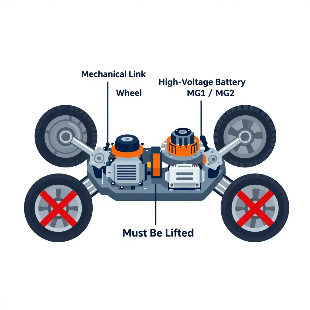 Technical diagram of a hybrid drivetrain showing four wheels mechanically linked to two electric motor-generators (MG1 and MG2) inside the transaxle, with red X marks indicating all four wheels must be lifted off the ground