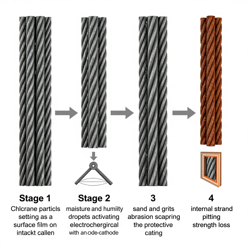 Four-stage diagram showing salt air corrosion progressing from a surface chloride film to internal strand pitting on a steel winch cable