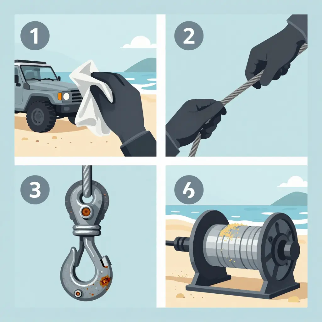 Four-panel instructional diagram showing a winch cable inspection on a 4x4 after beach driving: cleaning the cable with a rag, a gloved hand checking for broken strands, a pitted hook and thimble, and sand in the winch drum
