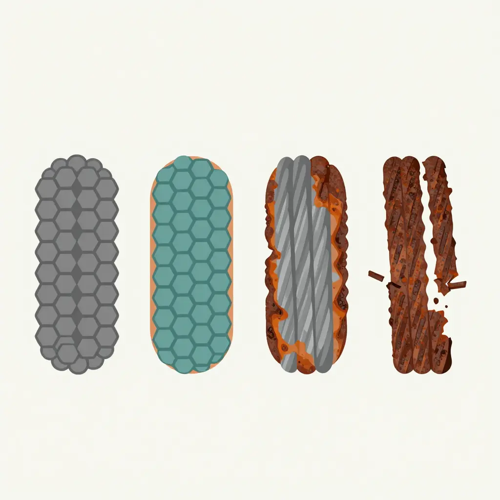 Simple 2D flat-design diagram of four winch cable cross-sections showing salt-air corrosion progression from a clean strand bundle, to a surface rust film, to pitted outer strands, to internal strand failure