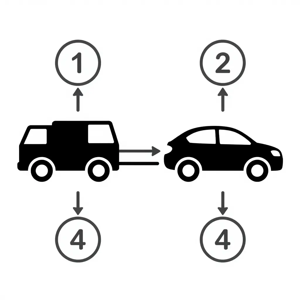 Flat 2D schematic of the tow-truck pre-hookup inspection flow, showing a tow truck and a stranded car connected by arrows with four numbered callout points marking the wheel, parking-brake area, hazard-light area, and hitch point